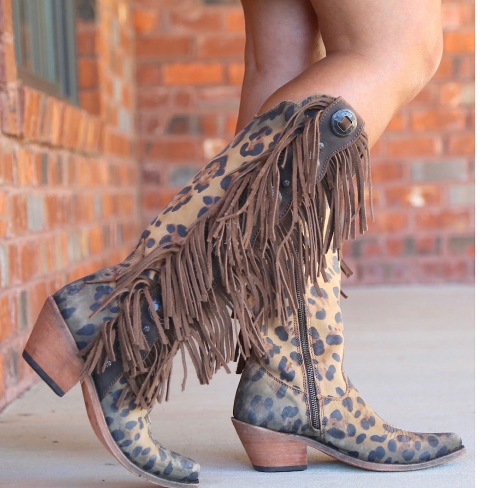 LIBERTY BLACK Ophelia" Leopard Miel Conchos + Fringe Boot